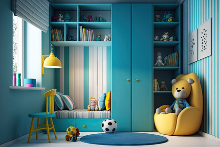 bright modern child room with toy cupboards and reading corner, created with generative aiの素材