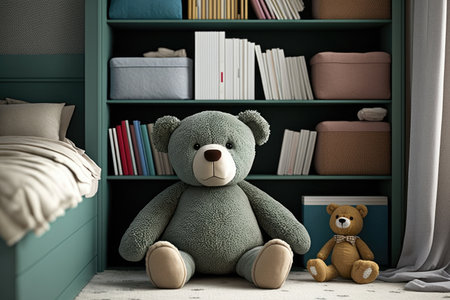 gender-neutral modern child room with bookshelf and teddy bear, created with generative aiの素材