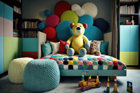 large comfortable bed in modern child room with multicolored toys, created with generative aiの素材