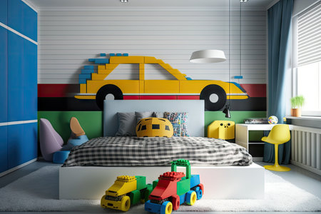 large comfortable bed in modern child room with multicolored toys, created with generative aiの素材
