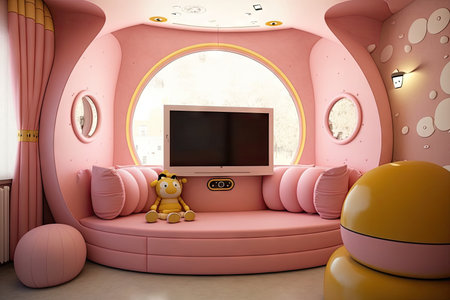 childrens interior painted in pink colors with sofa and tv modern child room, created with generative aiの素材