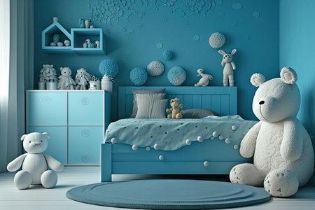 bed and soft toys in modern child room with walls painted blue, created with generative aiの素材