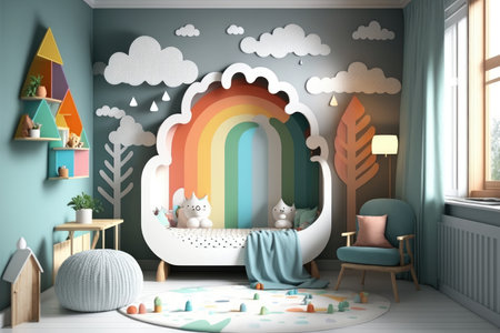 cosy modern child room of baby in multicolored design, created with generative aiの素材
