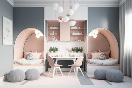 twin modern child room in pastel pink and grey tones, created with generative aiの素材