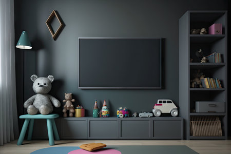 flat screen tv in modern childrens room against backdrop of dark gray wall, created with generative aiの素材