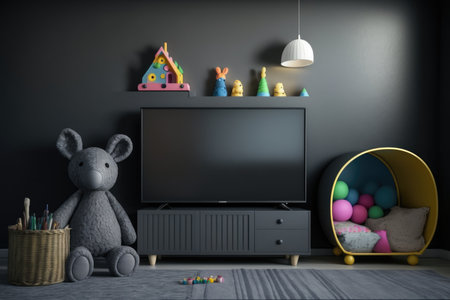 flat screen tv in modern childrens room against backdrop of dark gray wall, created with generative aiの素材