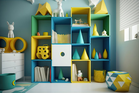 bright modern child room with shelves and toys, created with generative aiの素材
