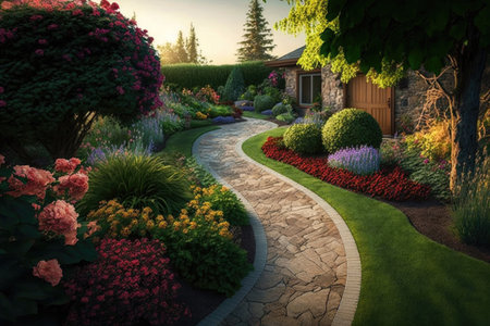 garden paths and lawns in comfortable patio with flower beds, created with generative aiの素材