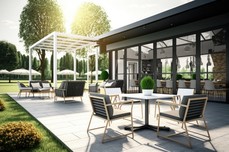 outdoor summer cafe and-modern patio with comfortable furniture, created with generative aiの素材
