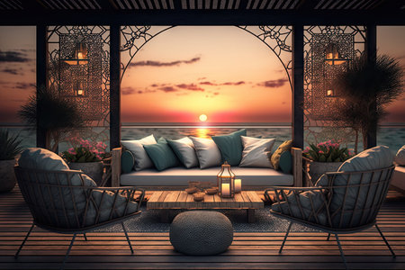 modern patio with comfortable sofa and cozy armchairs against background of sunset, created with generative aiの素材