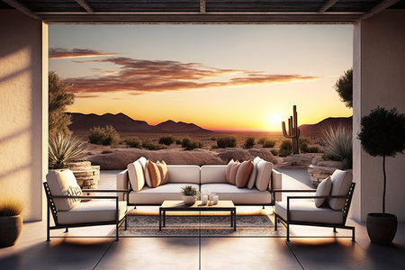 modern patio with comfortable sofa and cozy armchairs against background of sunset, created with generative aiの素材