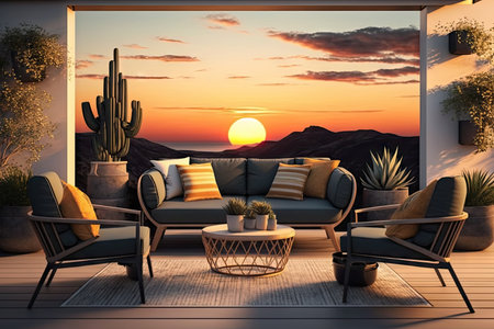 modern patio with comfortable sofa and cozy armchairs against background of sunset, created with generative aiの素材