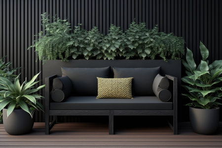 black wooden outdoor sofa in modern patio with plant pots, created with generative aiの素材
