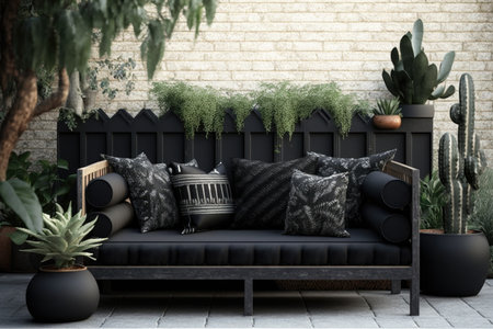 black wooden outdoor sofa in modern patio with plant pots, created with generative aiの素材