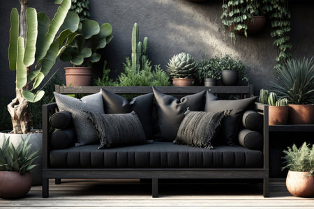 black wooden outdoor sofa in modern patio with plant pots, created with generative aiの素材