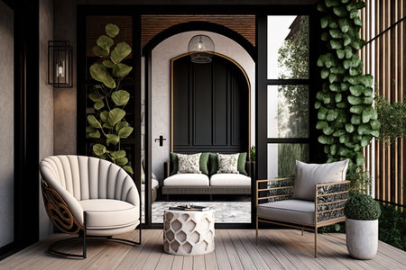 modern patio with luxury interior design and comfortable armchair, created with generative aiの素材