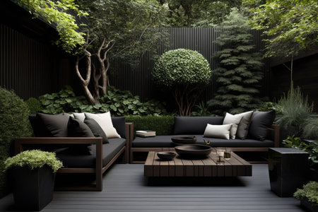 modern patio with modern outdoor furniture made of dark wooden material, created with generative aiの素材