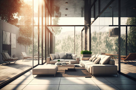 sunlit modern patio with sofa and chairs against background of high glass walls, created with generative aiの素材