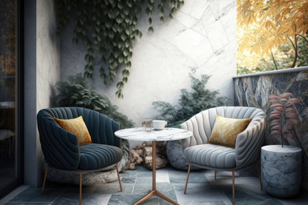 comfortable modern patio with comfortable scandinavian armchairs and marble table, created with generative aiの素材