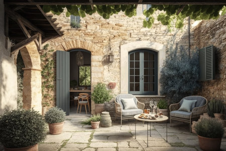 stone courtyard with bright modern patio and comfortable outdoor furniture, created with generative aiの素材