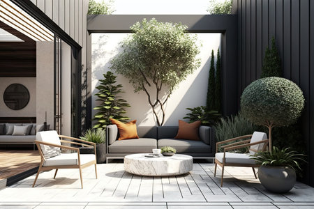 bright modern patio with luxury furniture and beautiful landscaping, created with generative aiの素材