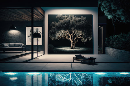 summer night in modern patio with swimming pool and trees, created with generative aiの素材