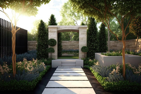 modern patio with stone passage between flowerbeds and trees, created with generative aiの素材