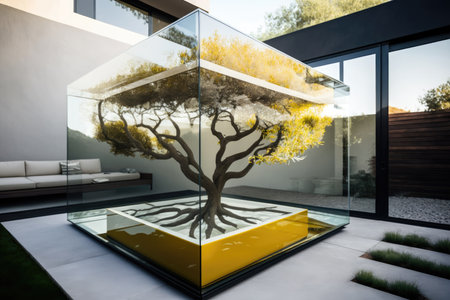 glass-walled modern patio with wooden coffee table and large citris tree, created with generative aiの素材