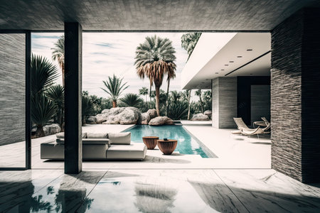 stone modern patio with swimming pool near window in house and palm trees, created with generative aiの素材