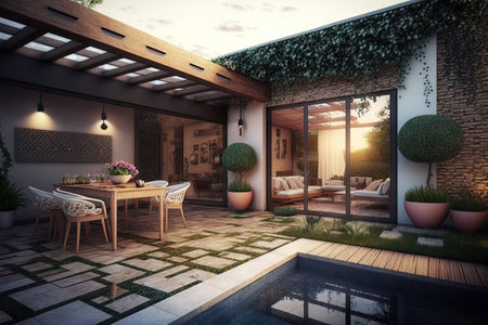 private house with decorated modern patio and swimming pool, created with generative aiの素材