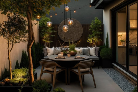beautiful modern patio with stylish outdoor furniture and lighting, created with generative aiの素材