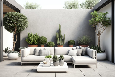 large modern patio with light gray stylish sofa and plants, created with generative aiの素材