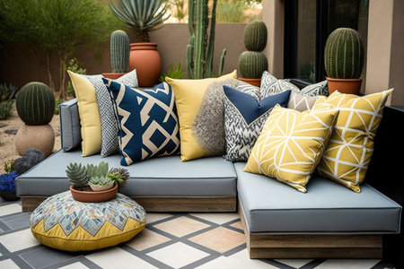 modern patio with comfortable outdoor furniture covered with cushions in geometric patterns, created with generative aiの素材
