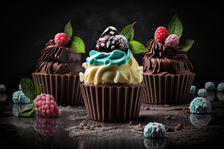 festive cupcakes with cream and mousse cakes on dark background, created with generative aiの素材