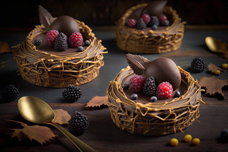 original delicious mousse cakes in shape of nests with berries, created with generative aiの素材