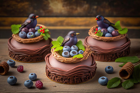 original delicious mousse cakes in shape of nests with berries, created with generative aiの素材