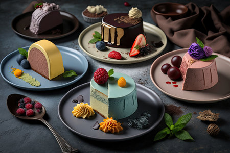 assorted mousse cakes in different flavors and varieties on plate, created with generative aiの素材