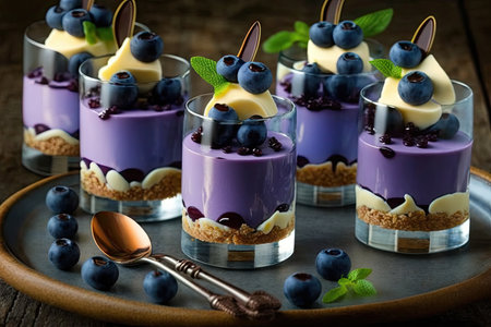 mini cheesecakes in glasses with bright blueberry mousse cakes, created with generative aiの素材