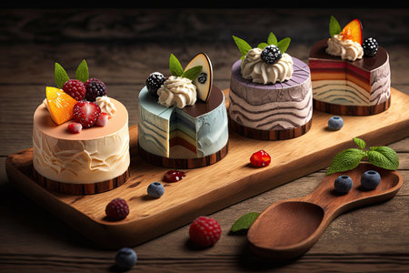 assorted mousse cakes with cream and fruit in section on wooden board, created with generative aiの素材