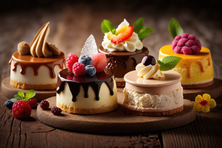 french dessert mousse cakes in various flavors on wooden table, created with generative aiの素材