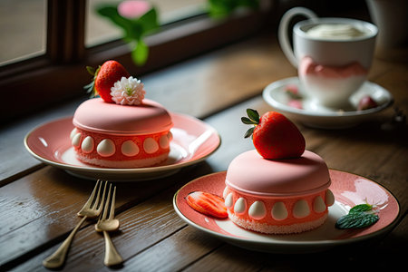 strawberry and cream mousse cakes on plates in small cafe, created with generative aiの素材