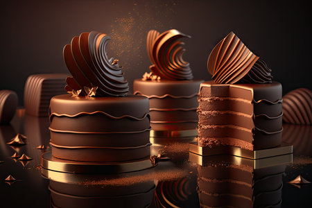 chocolate cream beribbon sugar cakes mousse cakes on dark background, created with generative aiの素材