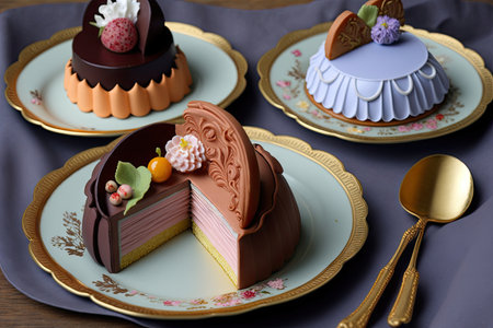 delicate pastries in form of mousse cakes with various fillings on half-eaten plate, created with generative aiの素材