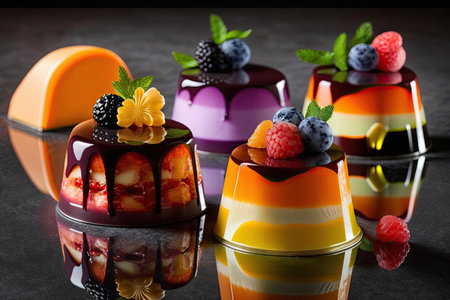 assorted fruit mousse cakes with decoration and jelly, created with generative aiの素材