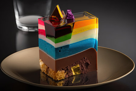 piece of multi-colored mousse cakes with chocolate cream in glass dish, created with generative aiの素材