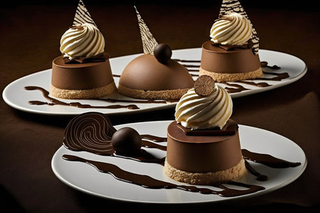 chocolate mousse cakes with cream on plate for dessert, created with generative aiの素材