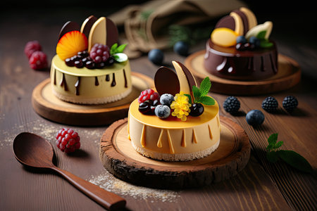 elegant delicious mousse cakes with fruit in shape on board, created with generative aiの素材