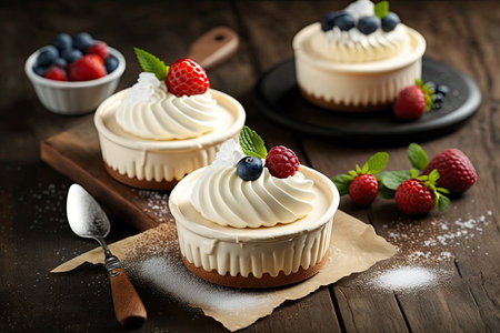 baked mousse cakes with white cream for dessert on table, created with generative aiの素材