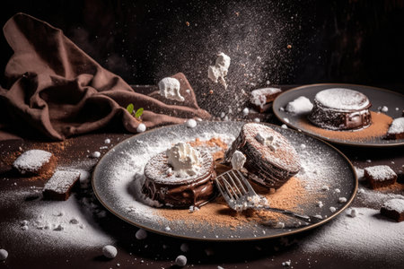 chocolate mousse cakes in mess on plate sprinkled with powdered sugar, created with generative aiの素材