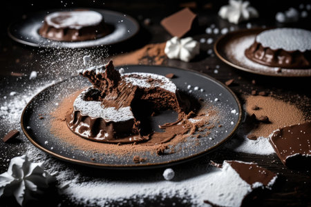 chocolate mousse cakes in mess on plate sprinkled with powdered sugar, created with generative aiの素材